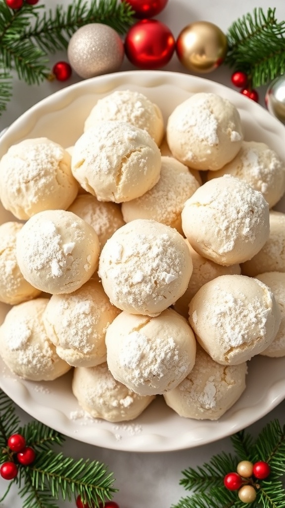 Classic Snowball Christmas Cookies Recipe A festive plate of snowball cookies dusted with powdered sugar, surrounded by holiday decorations.
